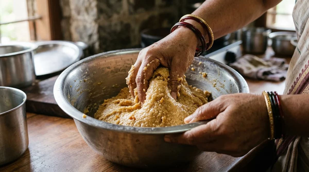 हाताने अनारशांचे पीठ मळणे