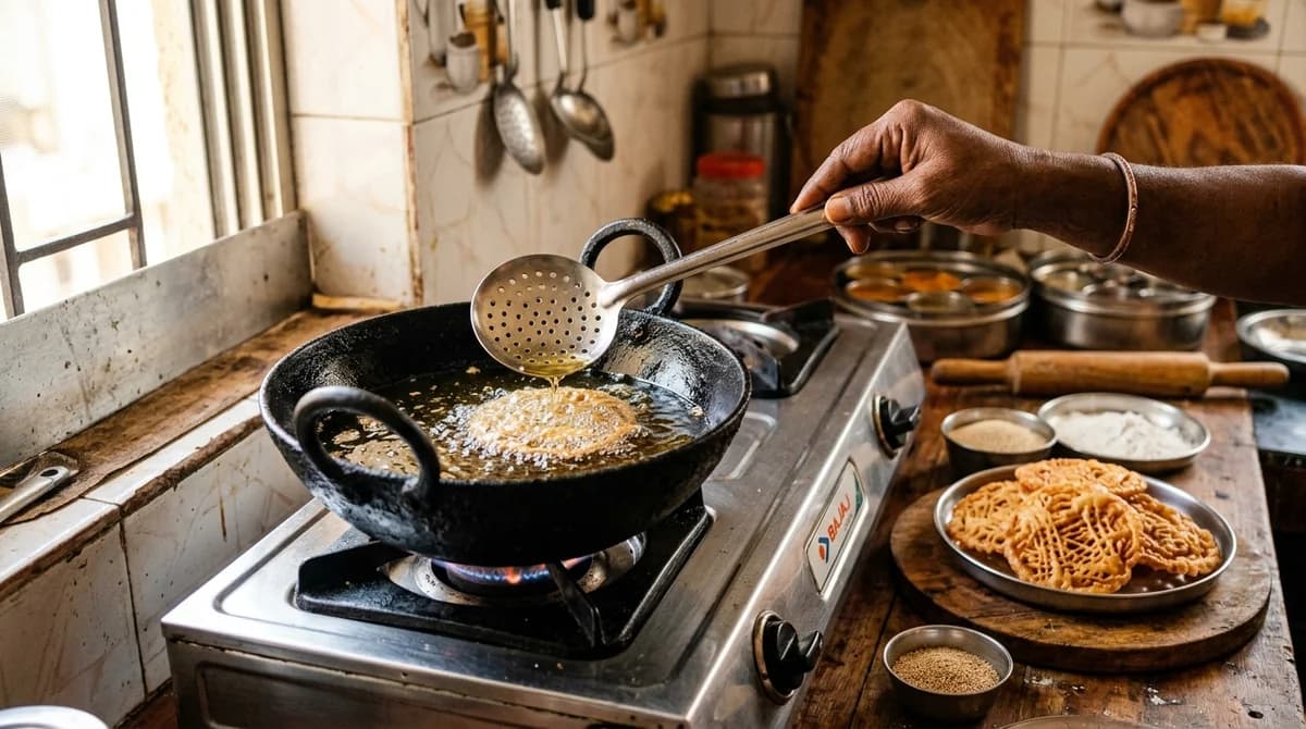 कढईत अनारसा तळणे आणि तयार जाळीदार अनारसे
