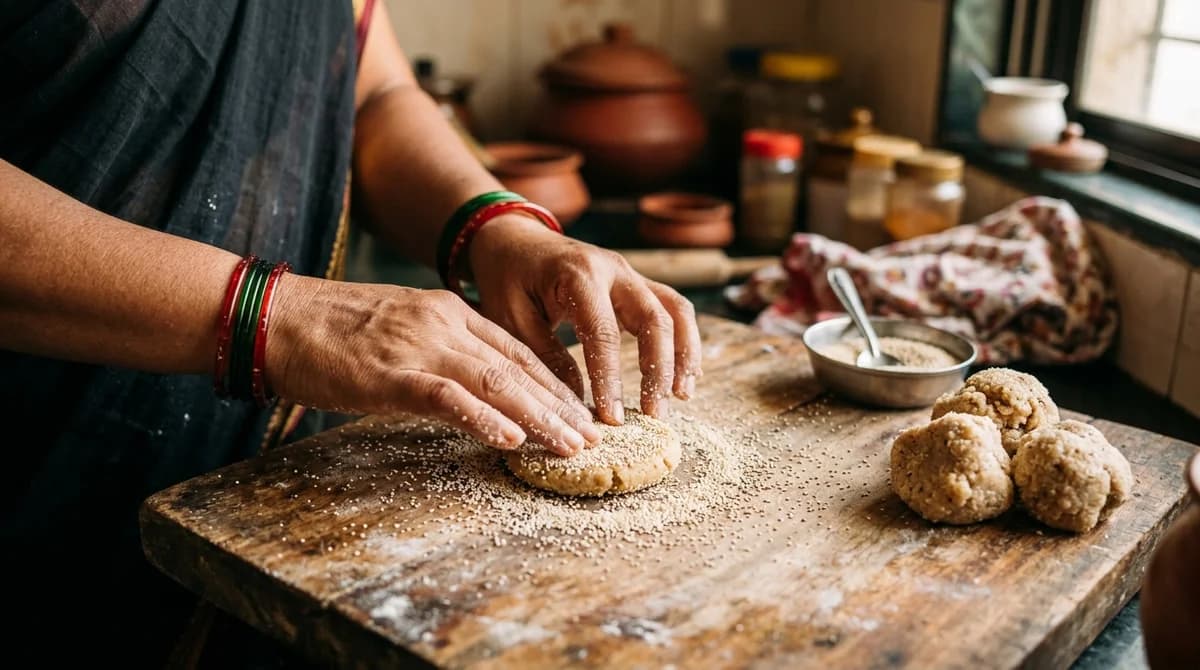 अनारशांचा आकार तयार करून खसखस लावणे